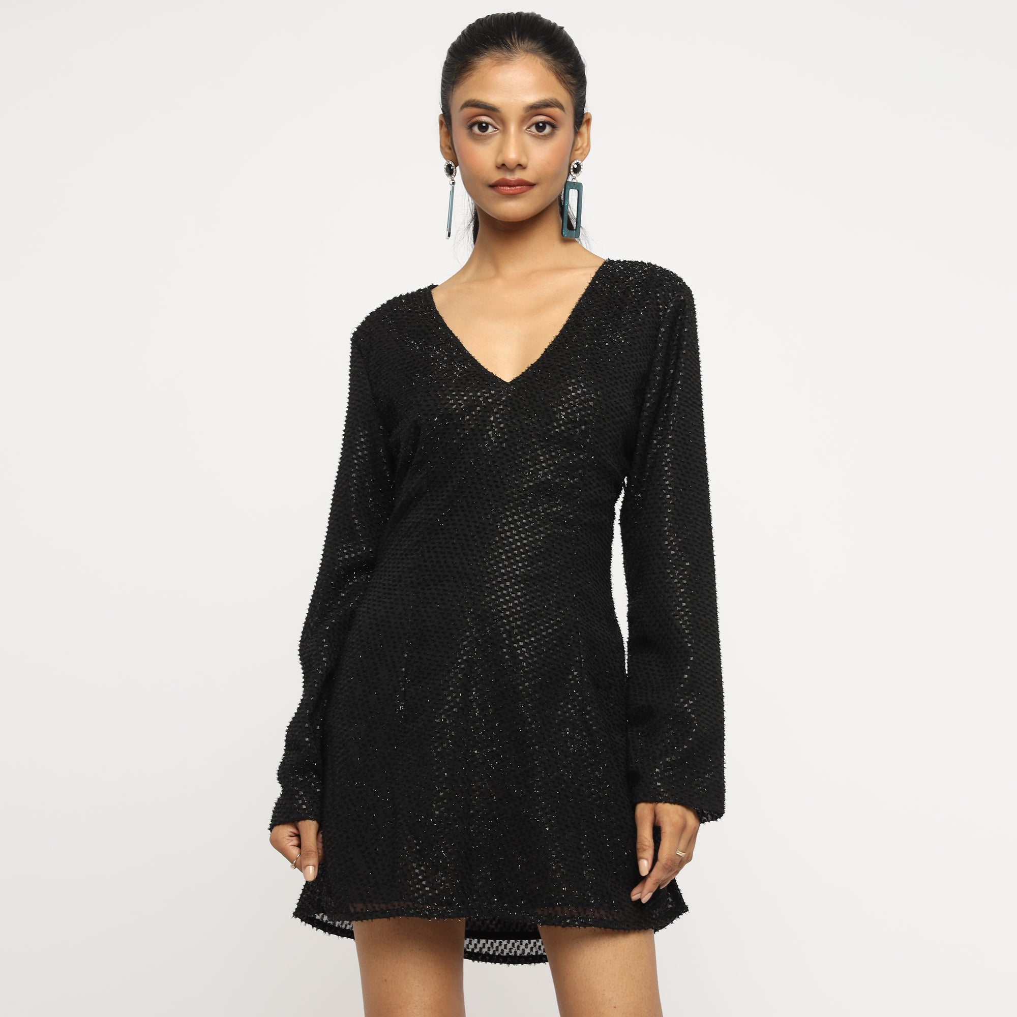Black Long Sleeve Shimmer Mini Dress